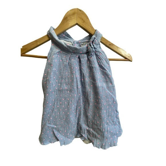 Carter's 12 Month Light Blue Denim & Hot Pink Poka Dot Dress w/ Bow & High Neck‎ - Picture 1 of 10